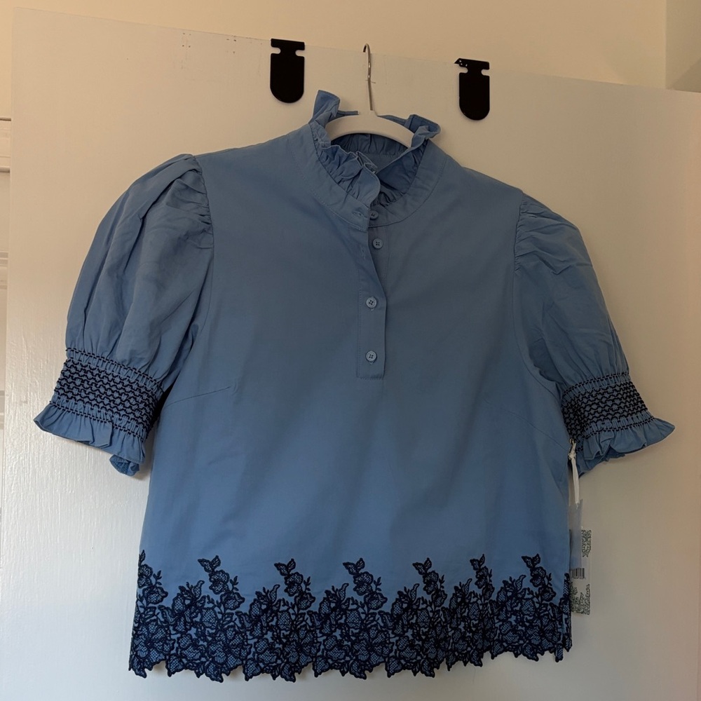 NWT Chic Blue Eliza Blouse with Navy Embroidery